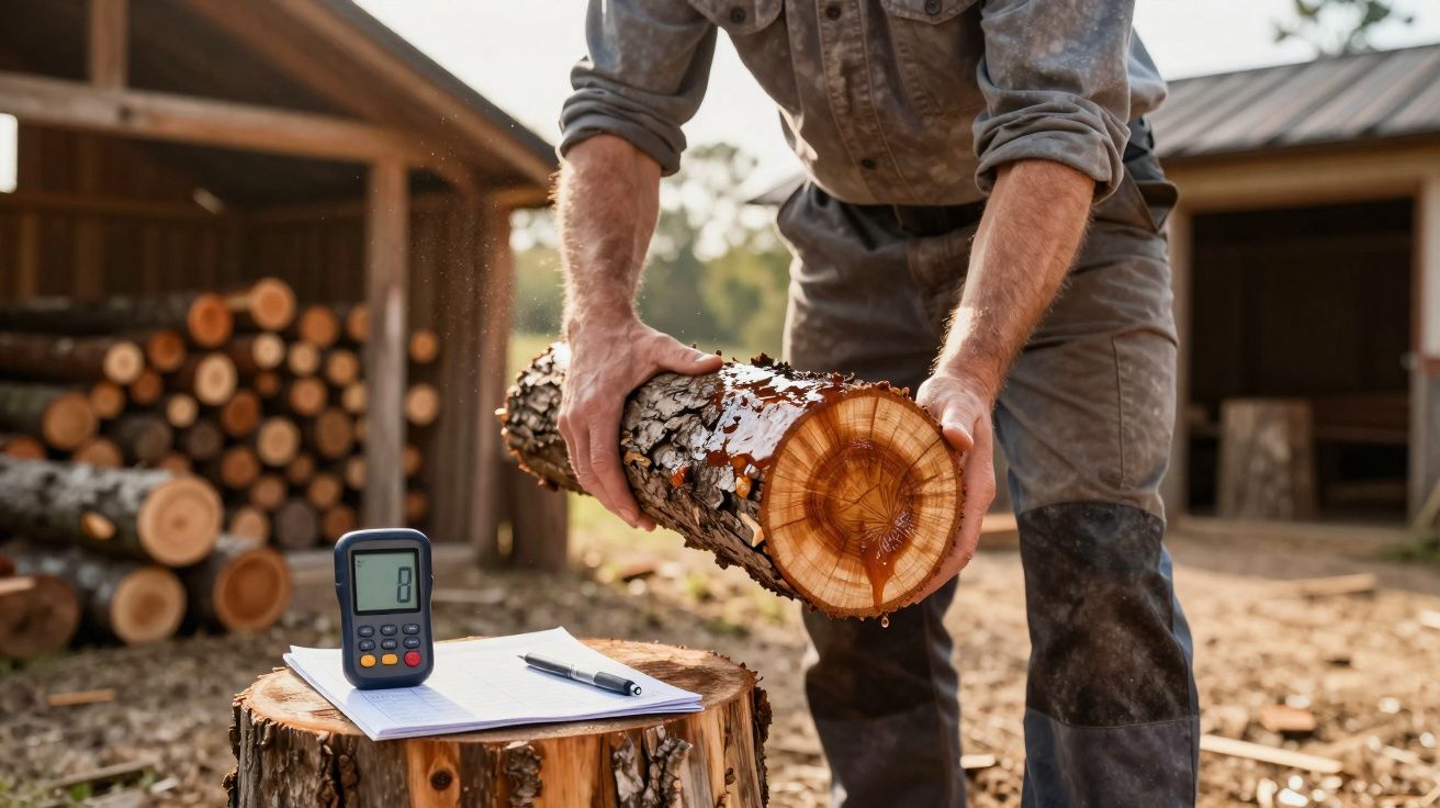 Homem a segurar pedaço de madeira junto a bloco com caderno, caneta e aparelho de medição num espaço exterior.