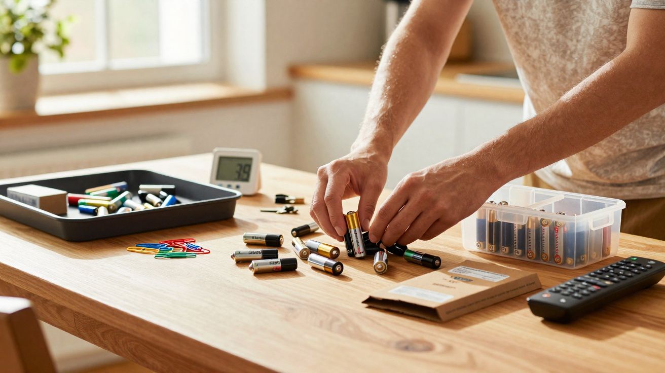 Pessoa a organizar pilhas reutilizáveis numa mesa de madeira, com um comando e clips coloridos próximos.