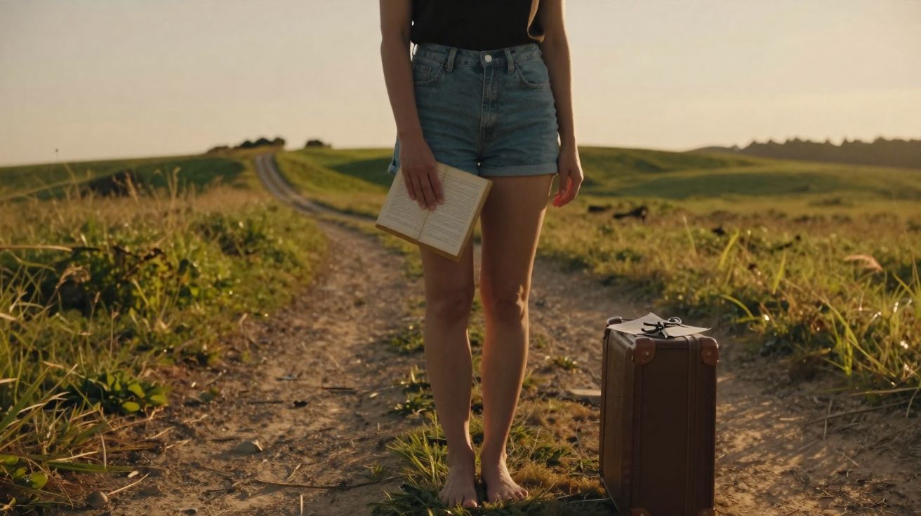 Pessoa de pé descalça numa estrada de terra com livro na mão e mala ao lado, campo ao fundo ao pôr do sol.