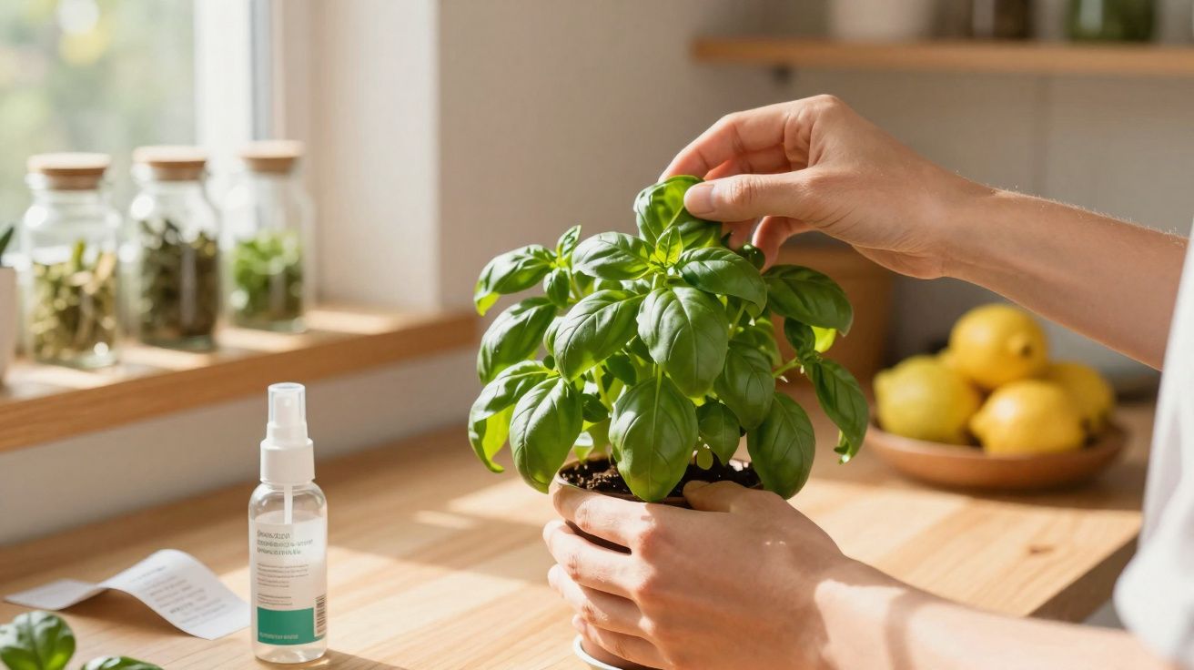 Mãos a cuidar de planta de manjericão num vaso, num ambiente luminoso com limões ao fundo.