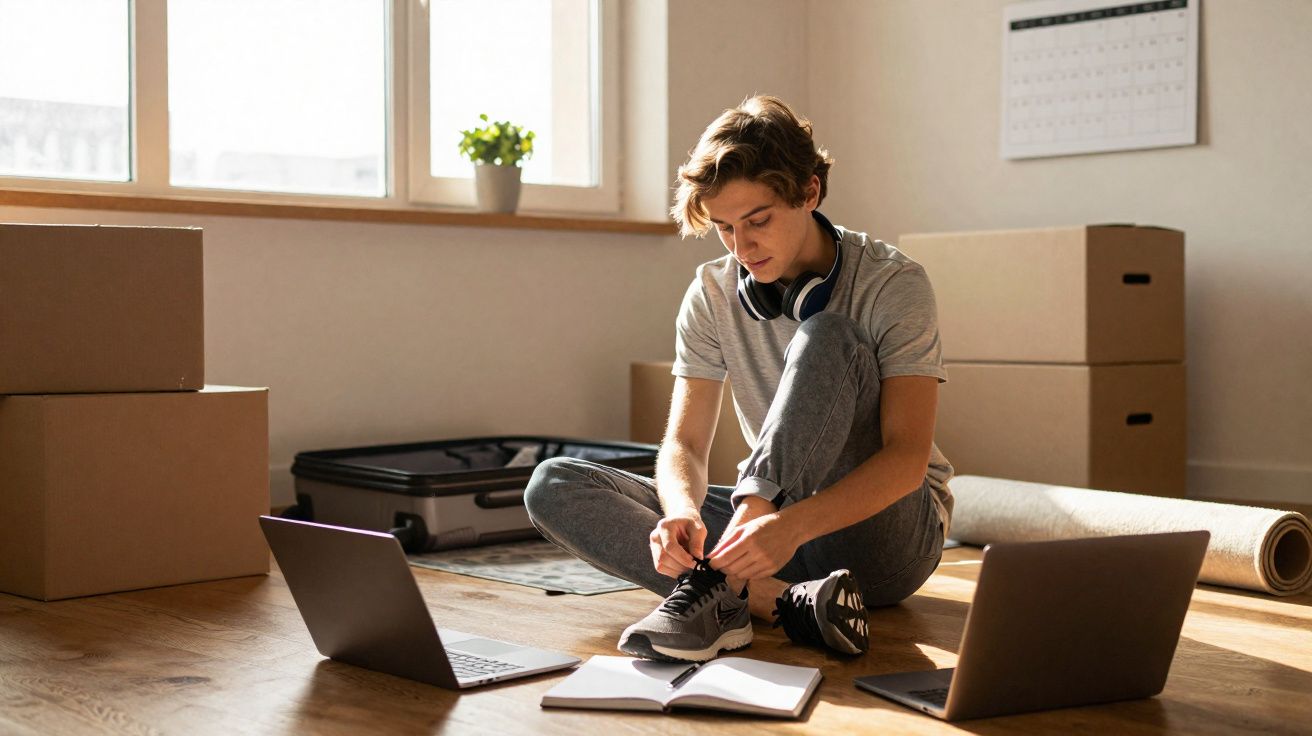 Jovem sentado no chão a amarrar os ténis, rodeado por caixas e dois portáteis, numa sala iluminada.