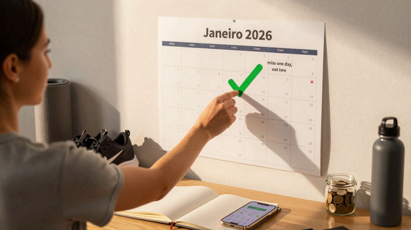 Pessoa assinala um dia no calendário de janeiro 2026 com um grande visto verde numa parede iluminada pelo sol.