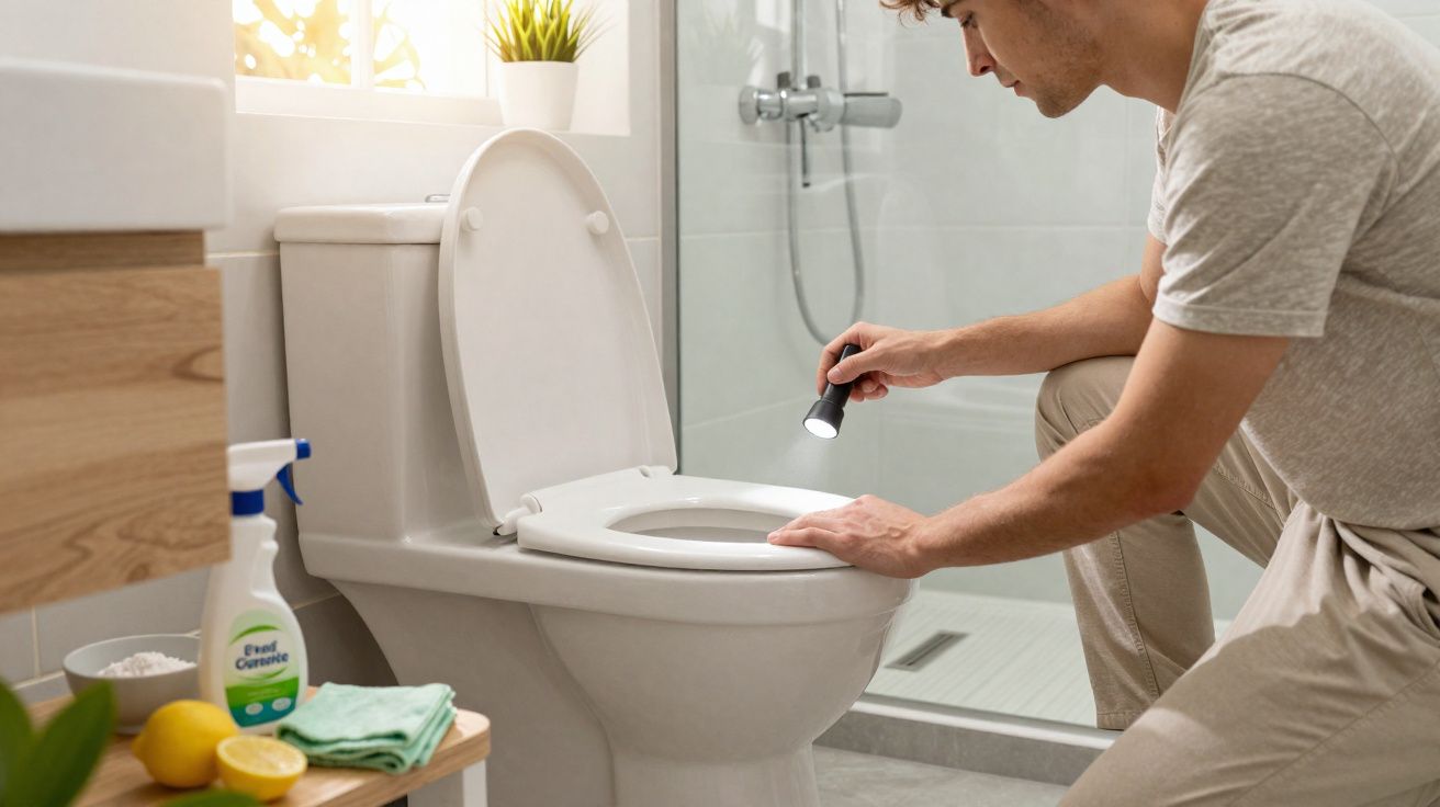 Homem inspeciona WC com lanterna, rodeado por produtos de limpeza e ambiente de casa de banho moderno.