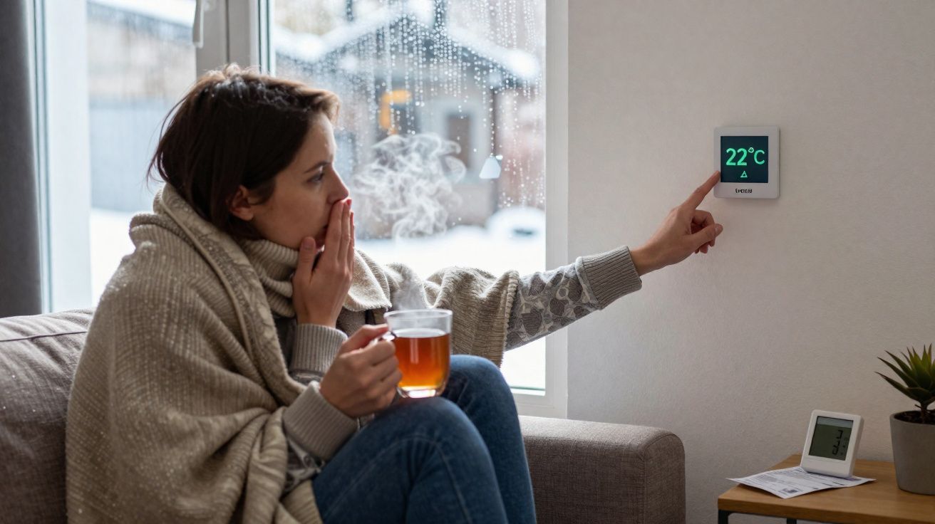 Mulher sentada no sofá a ajustar termostato para 22°C enquanto segura chá quente com janela com chuva ao fundo.