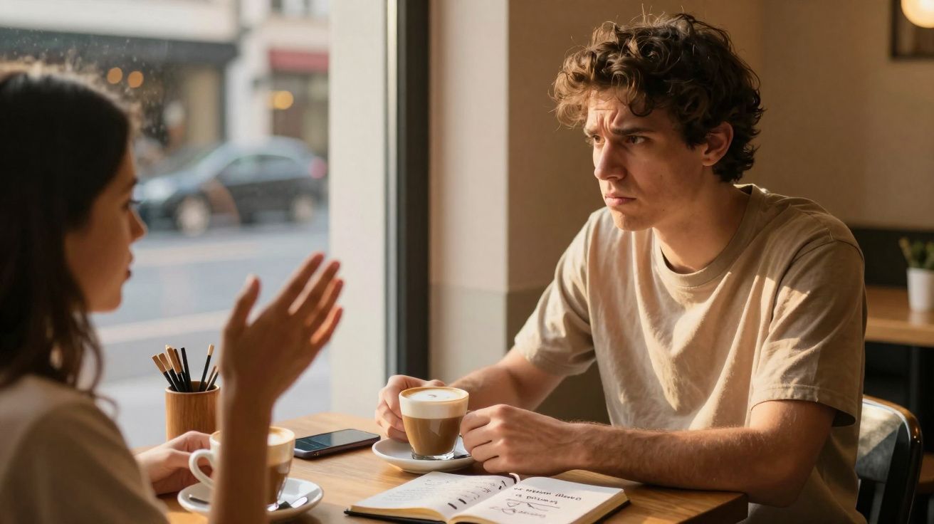 Duas pessoas sentadas numa mesa de café, uma a falar e a outra a ouvir atentamente com café e caderno à frente.