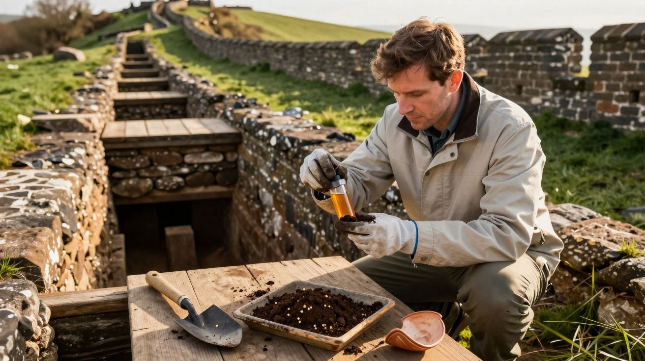 Homem recolhe amostra de solo numa área arqueológica com muros de pedra e caminho em degraus.