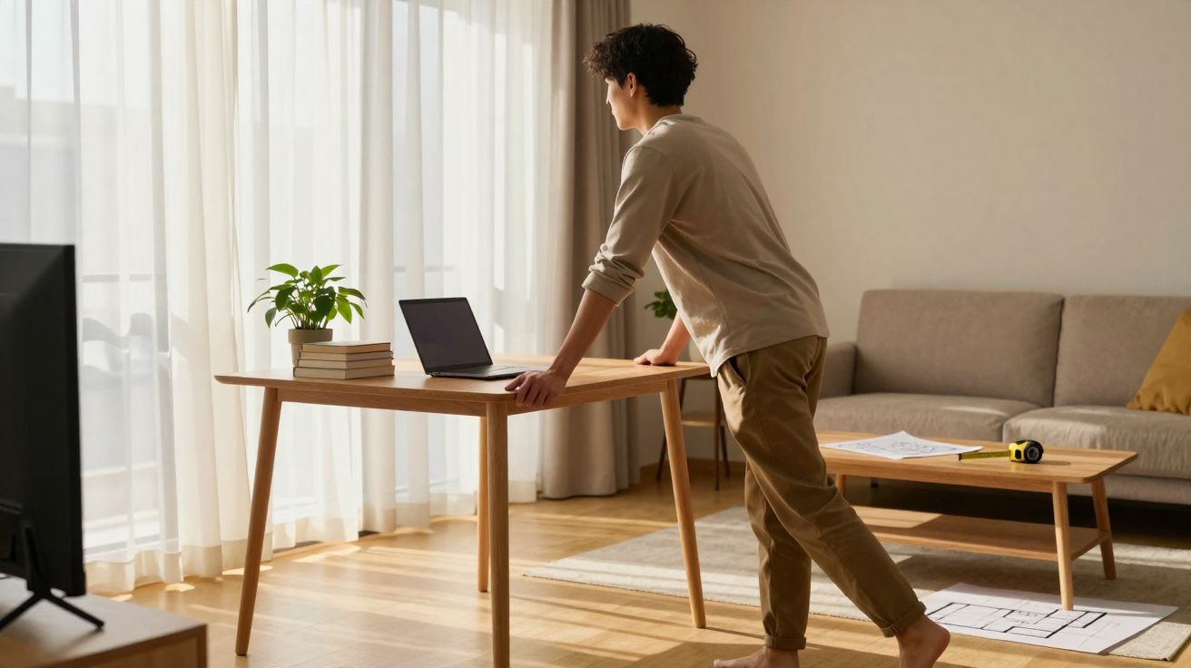 Pessoa pensativa em pé junto a mesa com portátil numa sala iluminada e confortável.
