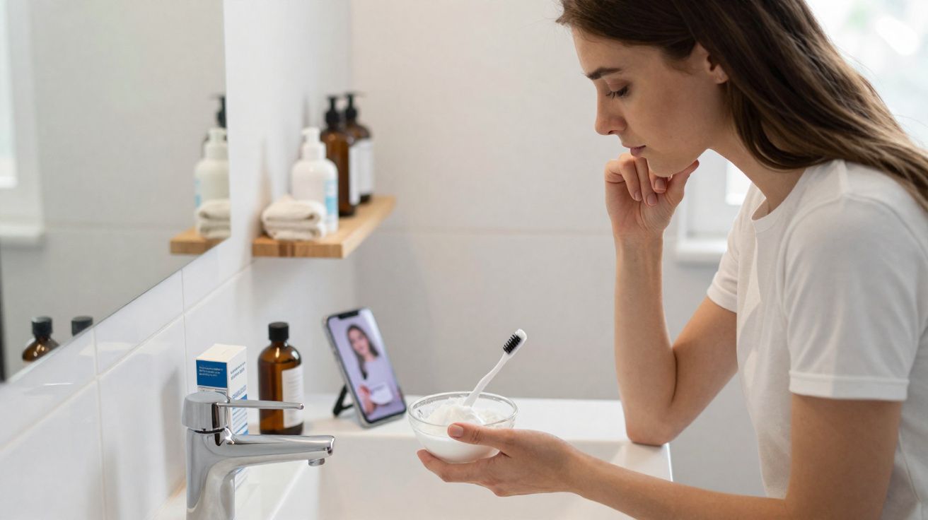 Mulher no lavatório a preparar uma pasta branca com uma escova de dentes, seguindo instruções num telemóvel.
