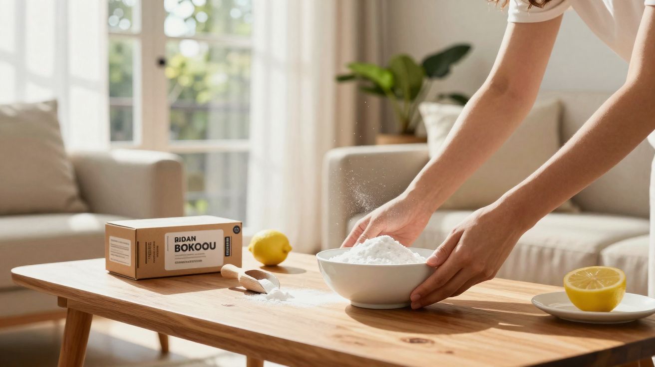 Mãos seguram uma tigela com pó branco sobre uma mesa com limões e caixa de bicarbonato numa sala iluminada.
