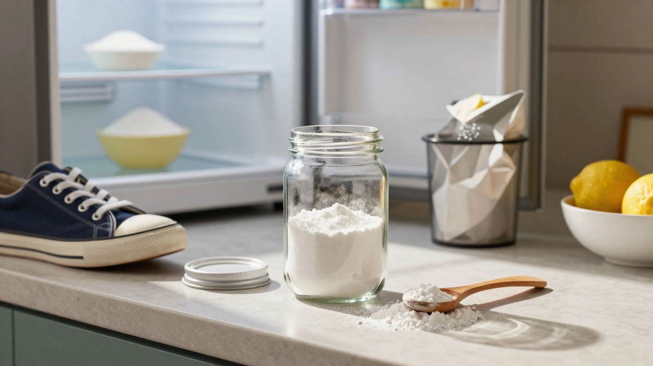 Frasco de vidro com pó branco em bancada de cozinha junto a uma colher de pau, sapato azul e limões.