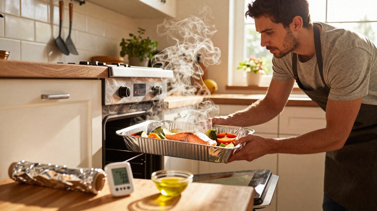 Homem a retirar tabuleiro de alumínio com peixe e legumes quentes do forno numa cozinha iluminada.