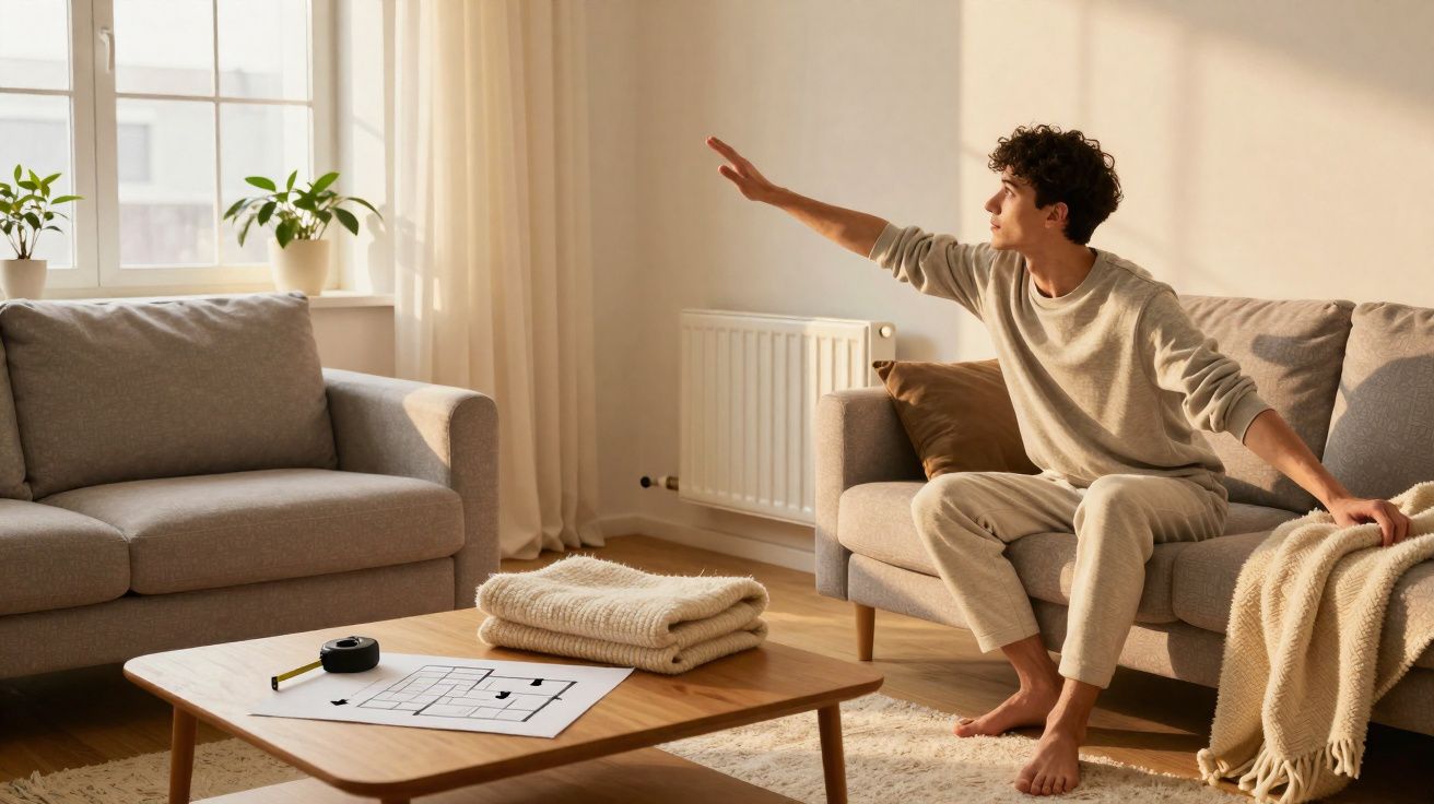 Homem sentado no sofá a apontar para a janela numa sala acolhedora e iluminada, com móveis modernos.