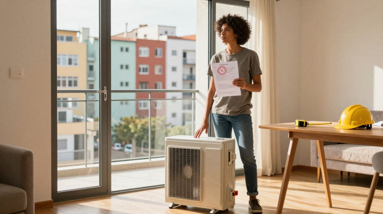 Jovem em pé junto a unidade exterior de ar condicionado, segurando um documento num apartamento iluminado.