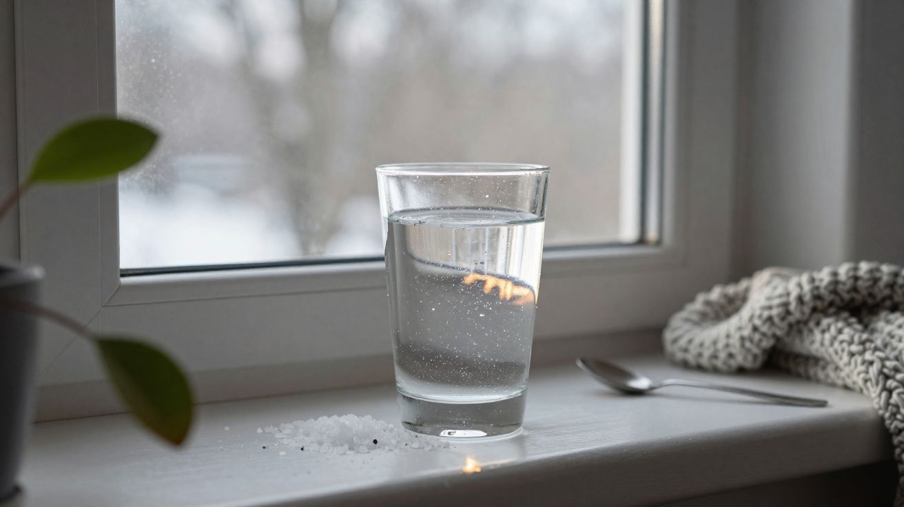 Copo de vidro com água e pedras espalhadas numa soleira de janela com um cobertor e colher ao lado.