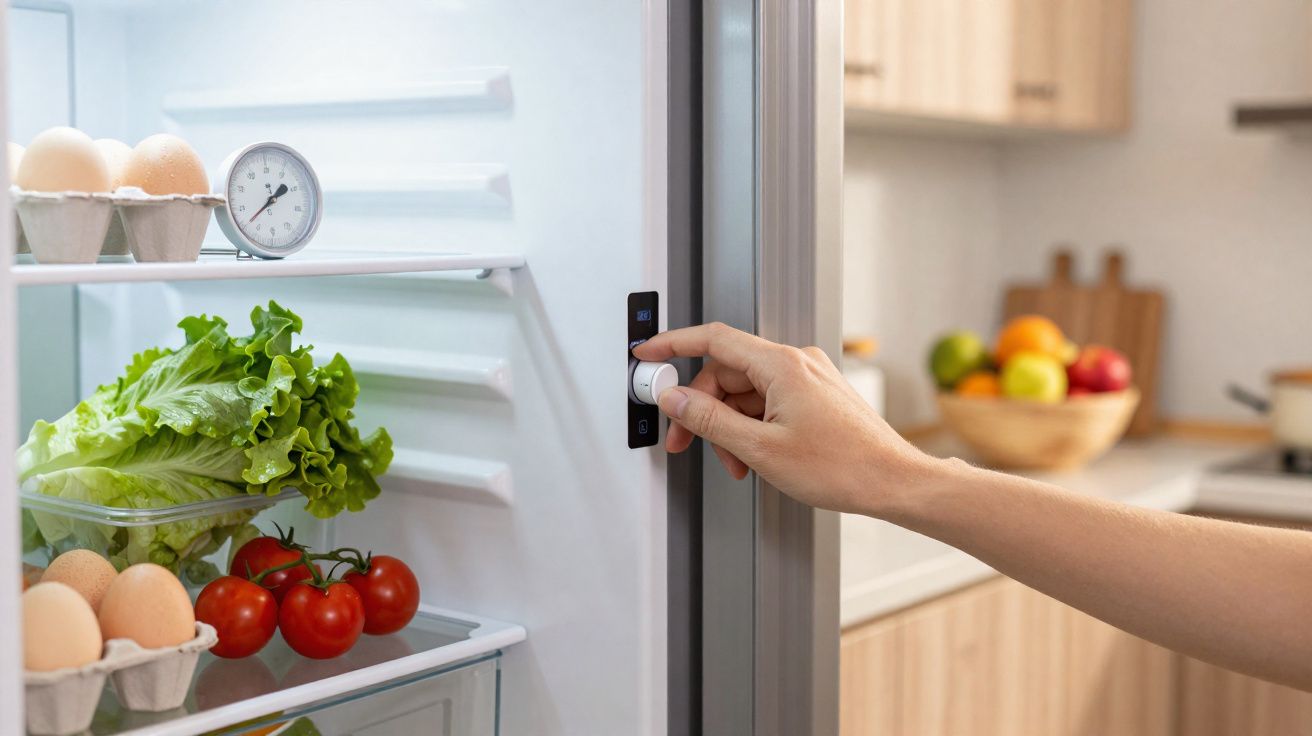 Mão a ajustar temperatura de frigorífico aberto com alface, ovos, tomates e termómetro dentro.