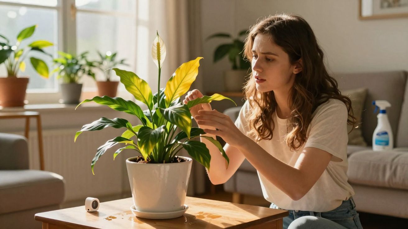 Mulher a cuidar de planta verde com folhas amarelas numa sala iluminada, perto de sofá cinzento.