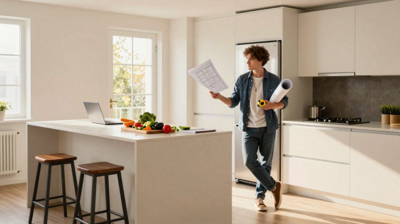 Jovem com plantas de construção e fita métrica numa cozinha moderna e luminosa com bancada e laptop.