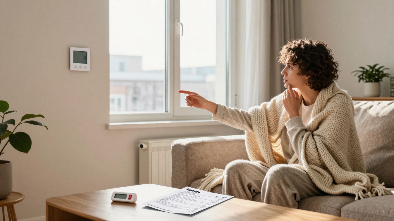 Mulher sentada no sofá aponta para termóstato na parede numa sala iluminada e confortável.