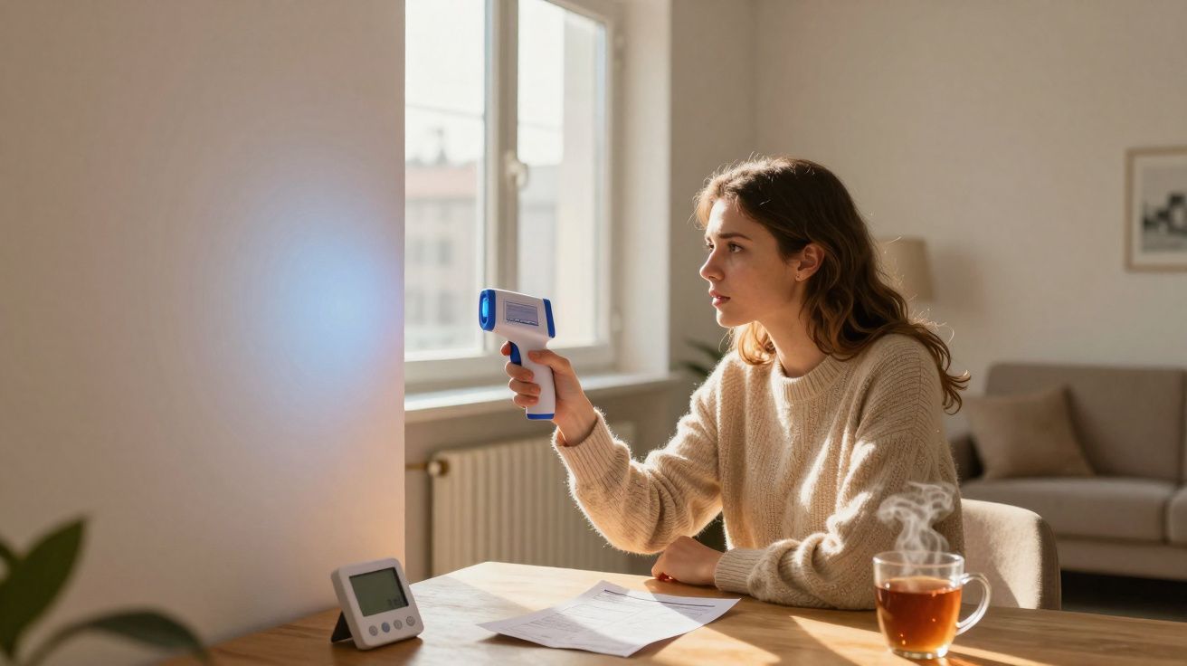 Mulher a medir temperatura corporal com termómetro digital num ambiente doméstico iluminado pela janela.