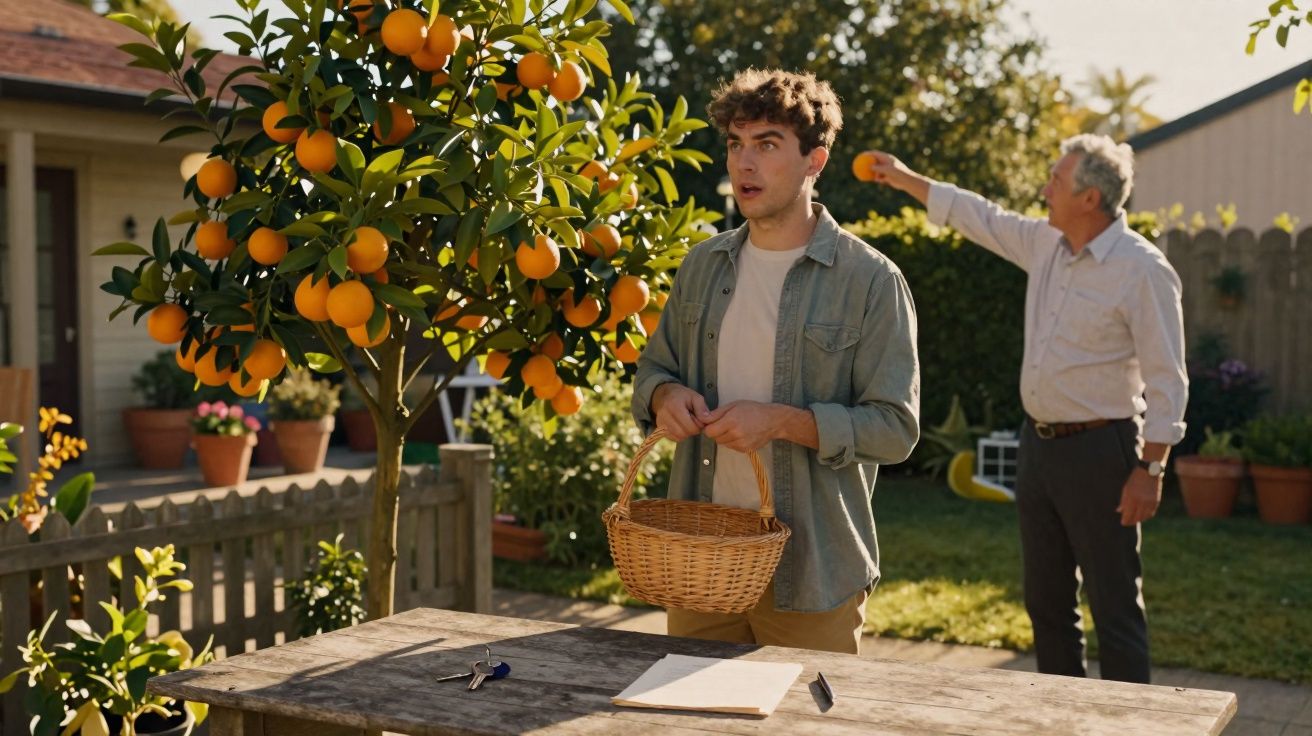 Jovem com cesta colhe laranjas de árvore no jardim, com homem idoso ao fundo também a apanhar fruta.