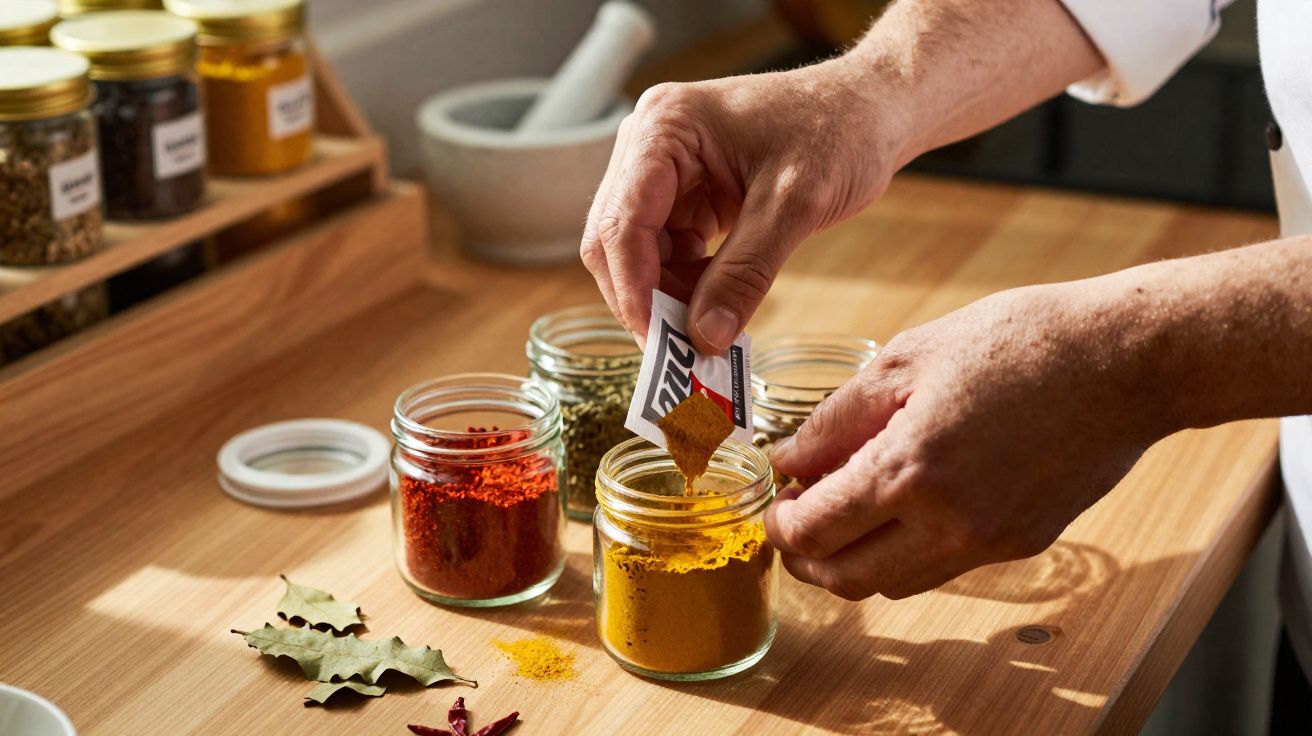 Mãos a colocar especiarias em frascos de vidro numa bancada de madeira iluminada pela luz natural.