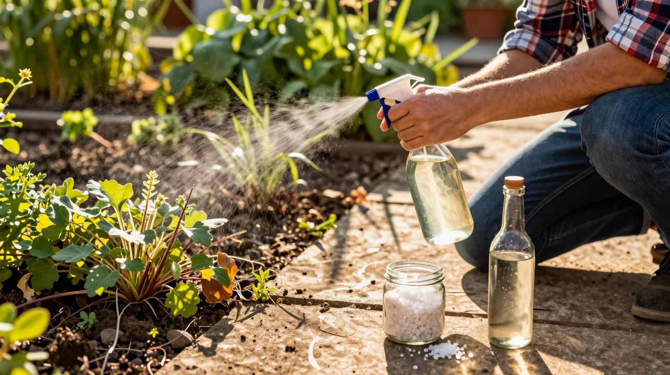 Pessoa borrifando plantas num jardim com frascos de spray e frascos de vidro ao lado.
