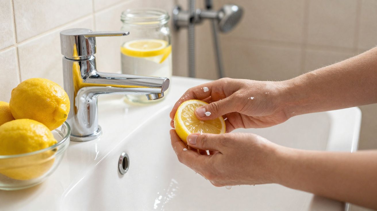 Mãos a esfregar meio limão num lavatório branco com torneira cromada e limões numa taça e jarro.