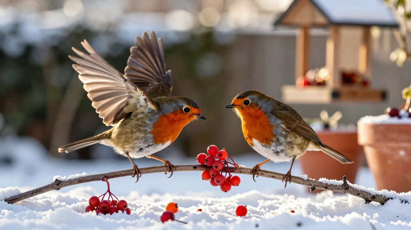 Dois pisco-de-peito-ruivo numa rama com bagas vermelhas, sobre neve, com um comedouro ao fundo.