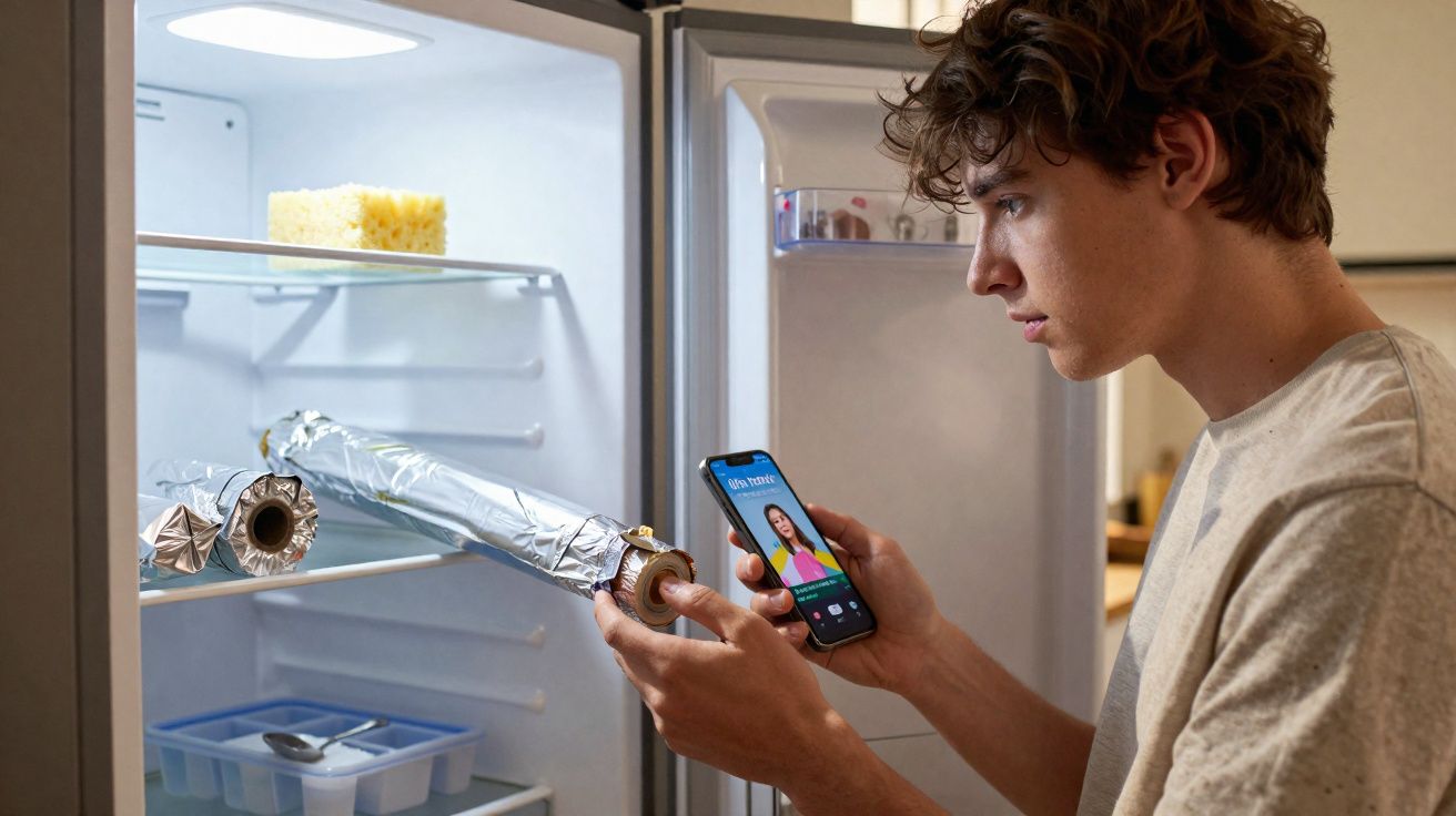 Jovem a segurar smartphone e tubo de alumínio dentro de frigorífico aberto numa cozinha.