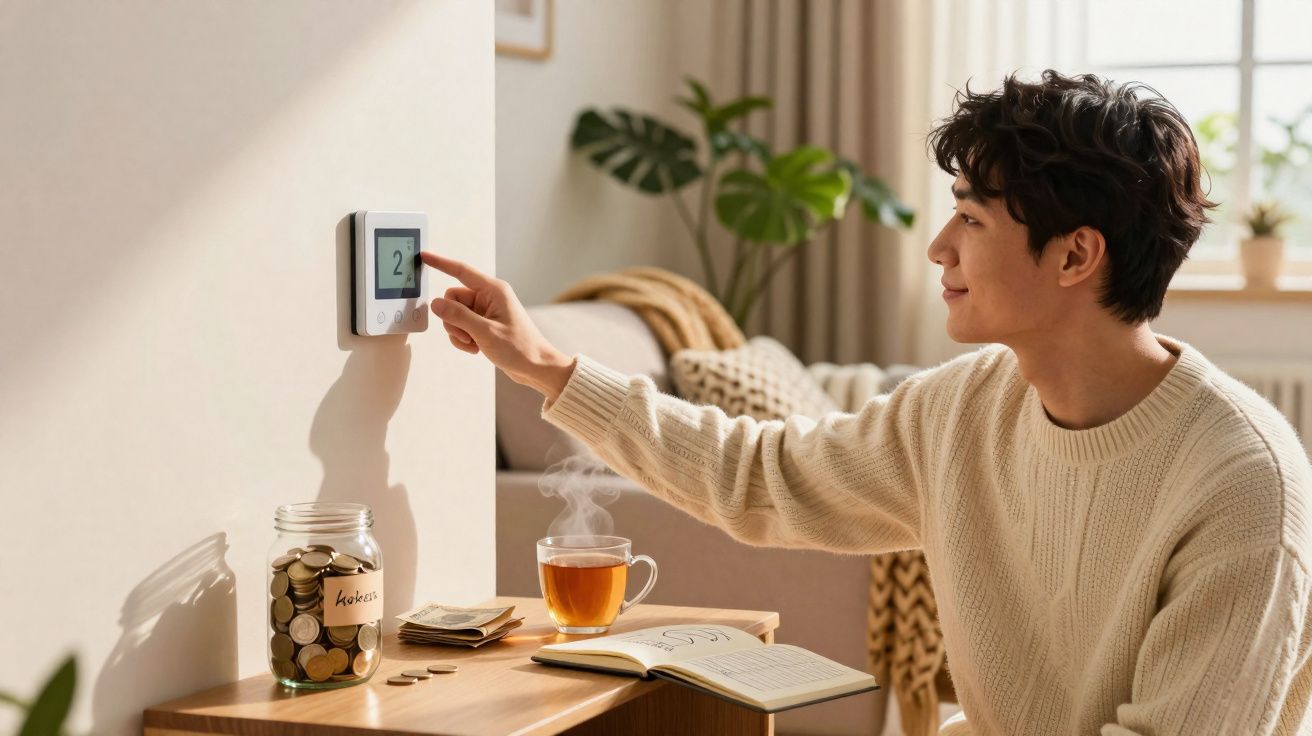 Pessoa a ajustar termóstato numa sala com mesa, jarro de moedas, chá quente e caderno aberto.