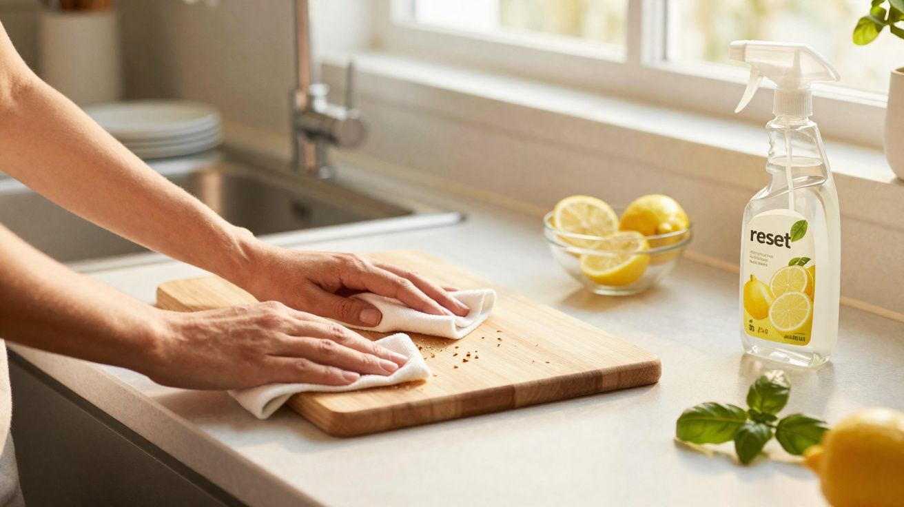 Mãos a limpar tábua de cortar madeira com pano, spray limão e limões cortados na bancada da cozinha.