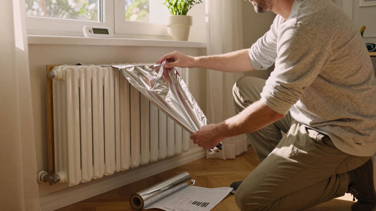 Homem a instalar folha reflectora num radiador junto a uma janela numa sala iluminada.
