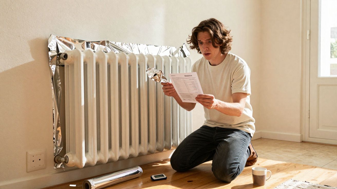 Homem ajoelhado com papel na mão ao lado de radiador envolto em folha de alumínio numa sala clara.