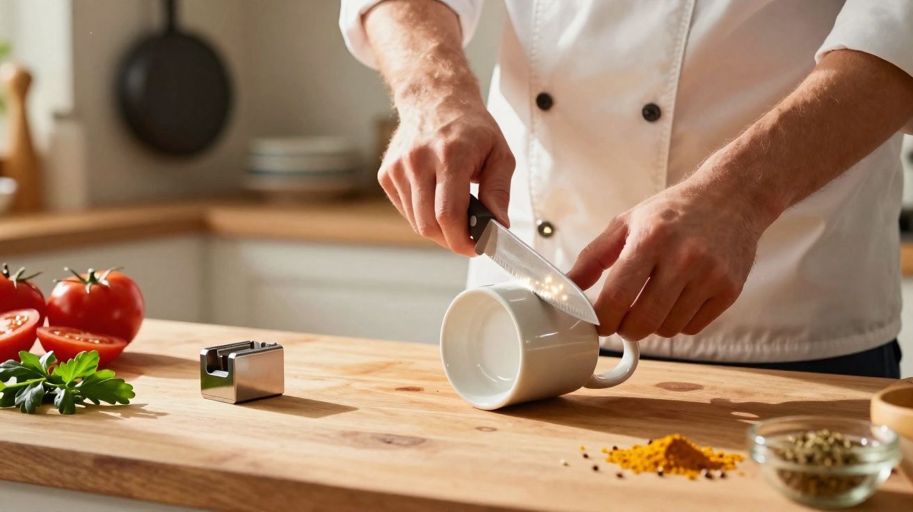 Chef a cortar a borda de uma caneca branca com uma faca numa cozinha limpa e iluminada.