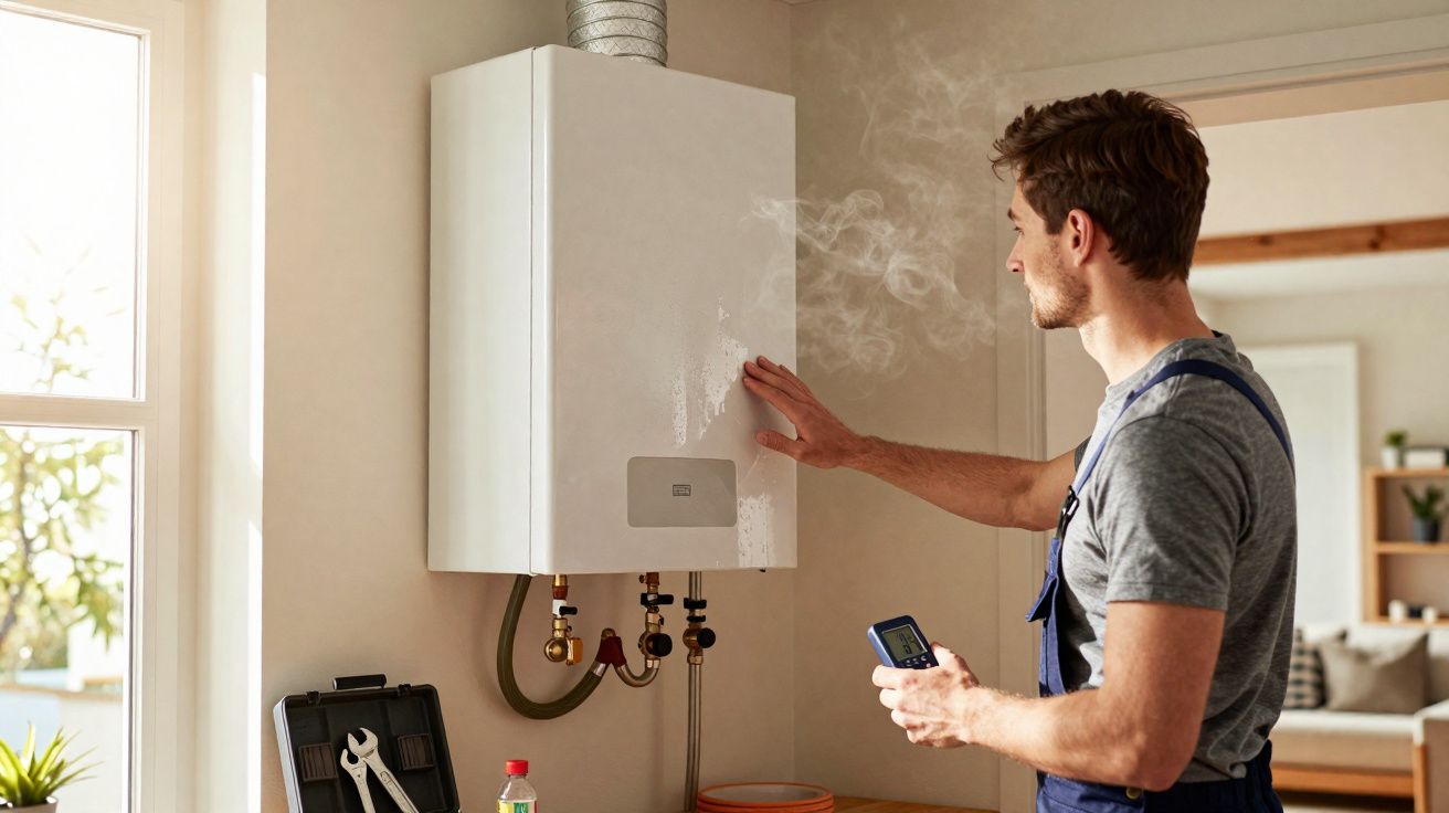 Técnico inspeciona e ajusta um aquecedor de água a gás num interior doméstico.