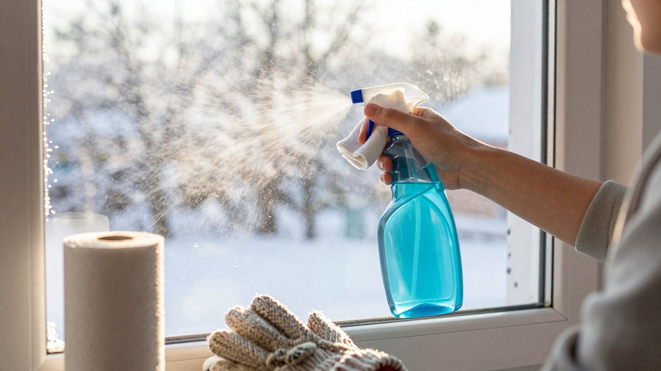 Pessoa a limpar uma janela com spray de limpeza azul e pano, com luvas e rolo de papel ao lado.