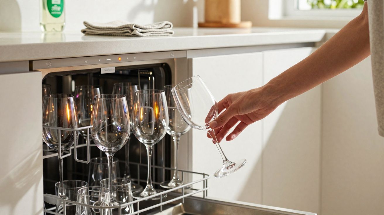 Mão a retirar copo de vinho tinto de máquina de lavar loiça embutida em cozinha iluminada.