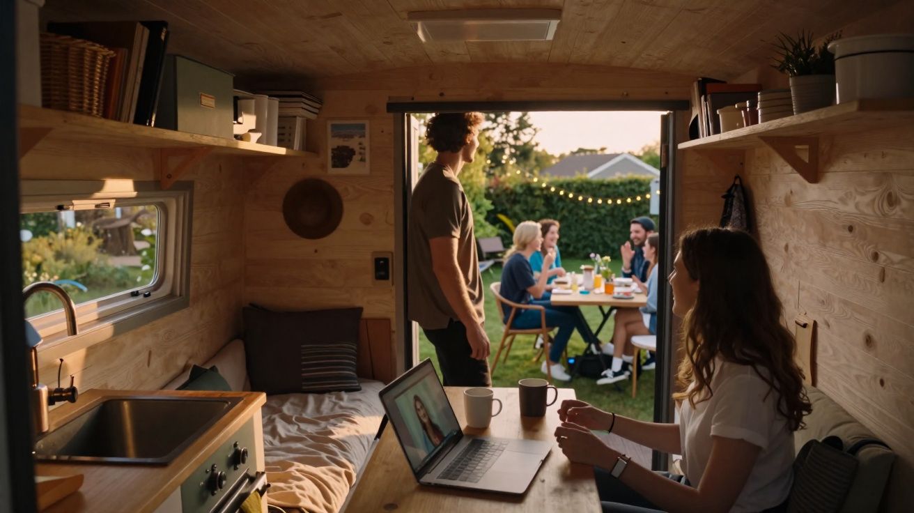 Interior de uma carrinha com duas pessoas usando um laptop, enquanto outras quatro socializam fora ao entardecer.