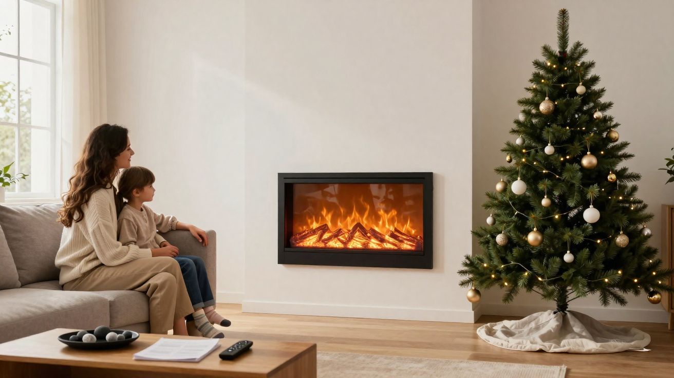 Mulher e menino sentados no sofá a olhar para lareira acesa, com árvore de Natal decorada ao lado.