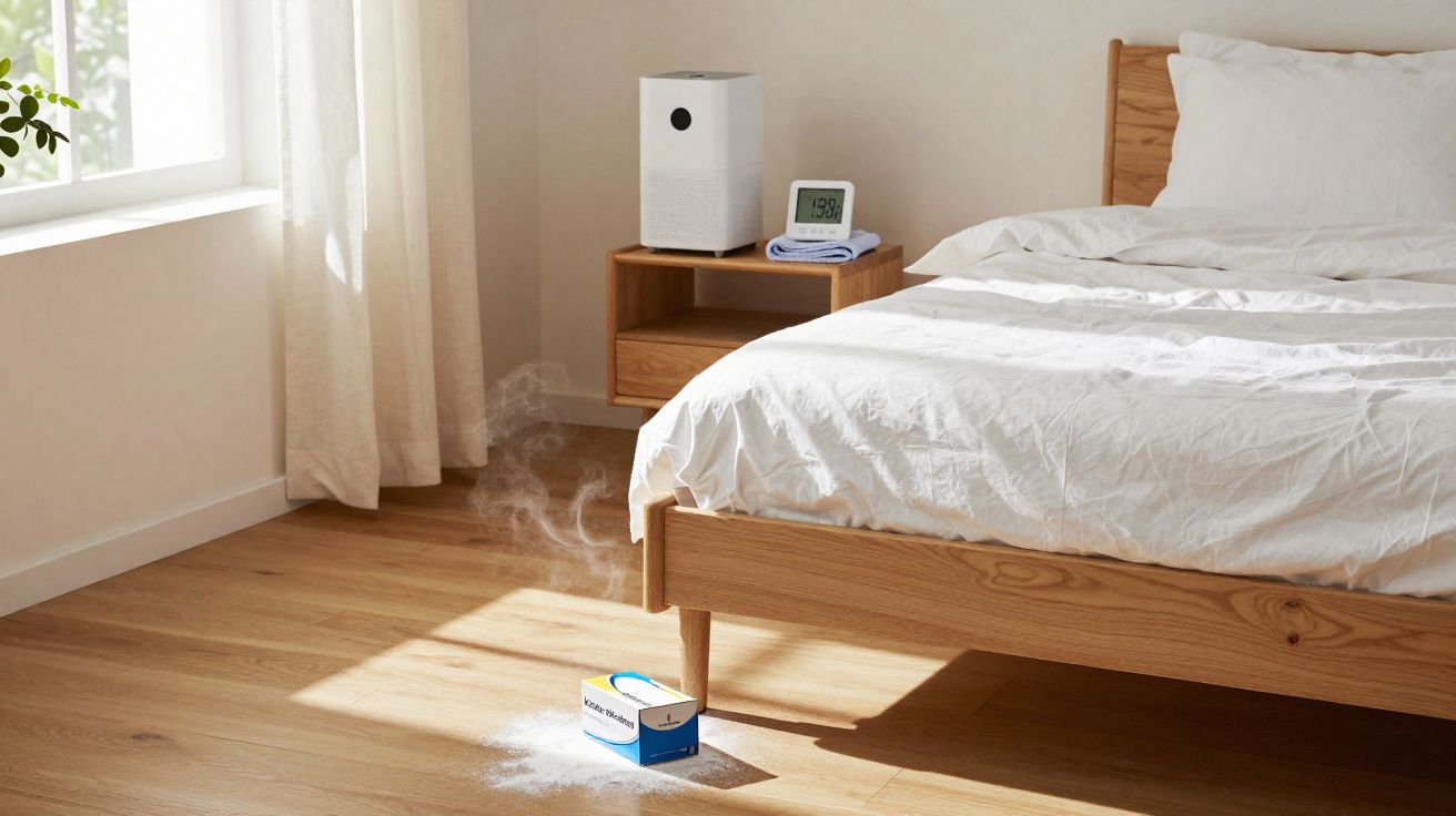 Quarto com cama de madeira, chão de madeira, caixa aberta com pó branco no chão e ar fresco a entrar pela janela.