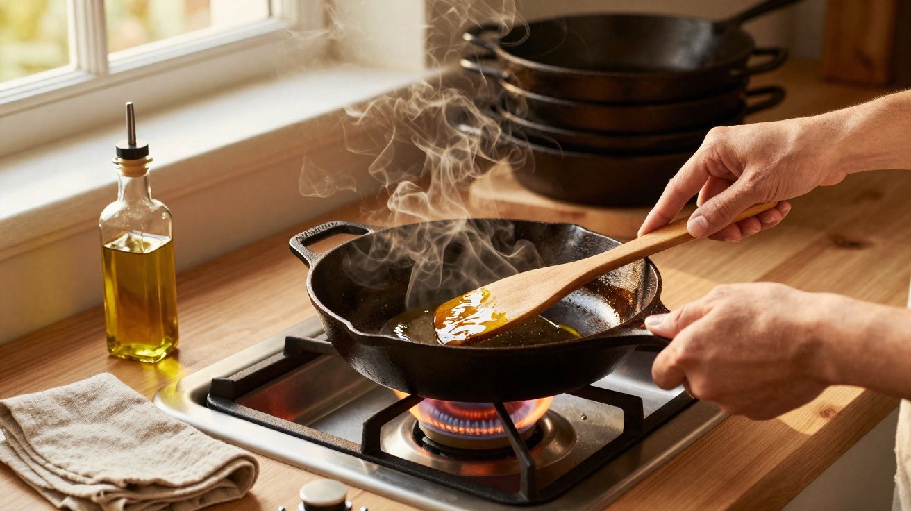 Mãos mexendo azeite numa frigideira de ferro fundido com vapor acima de fogão a gás em cozinha iluminada.
