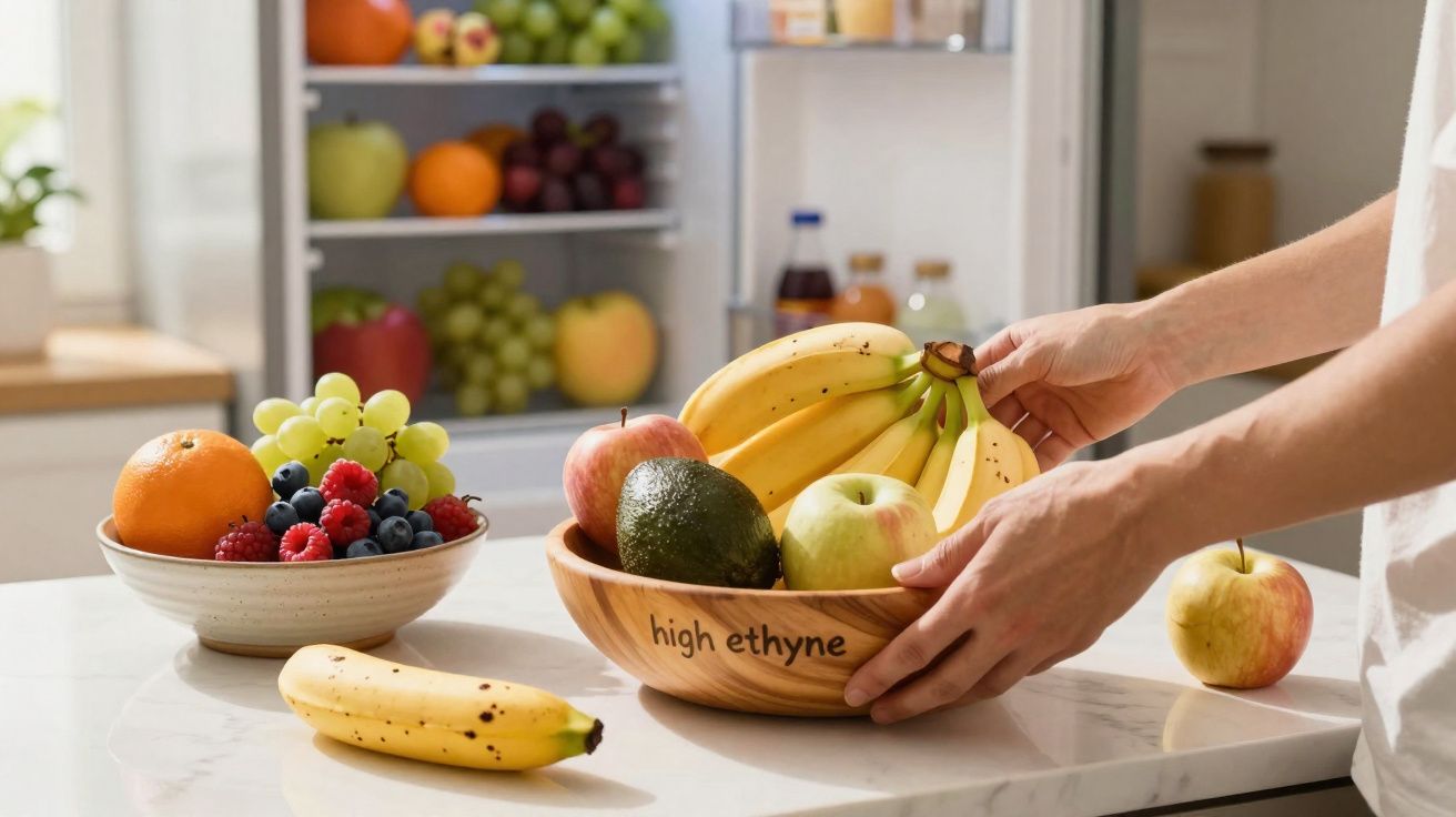 Mãos a arrumar frutas numa taça de madeira com bananas, maçãs e abacate sobre bancada de cozinha.