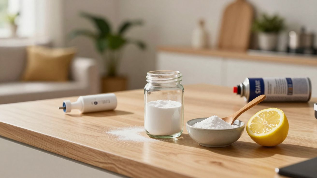 Mesa de madeira com bicarbonato de sódio em frasco e tigela, limão cortado e utensílios na cozinha.