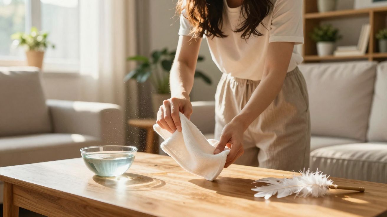 Pessoa a limpar mesa de madeira com pano branco em sala iluminada e confortável.