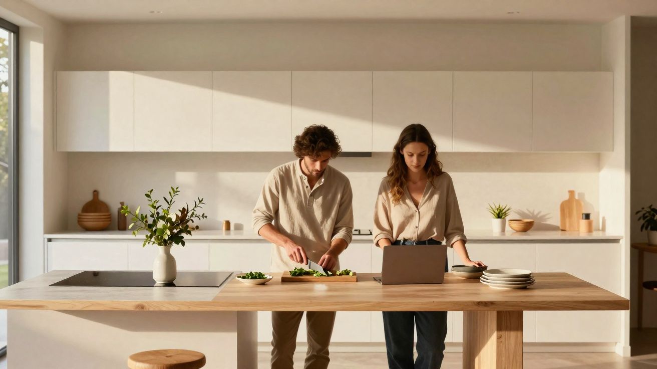 Casal prepara refeição e usa portátil numa cozinha moderna com bancada de madeira e luz natural.