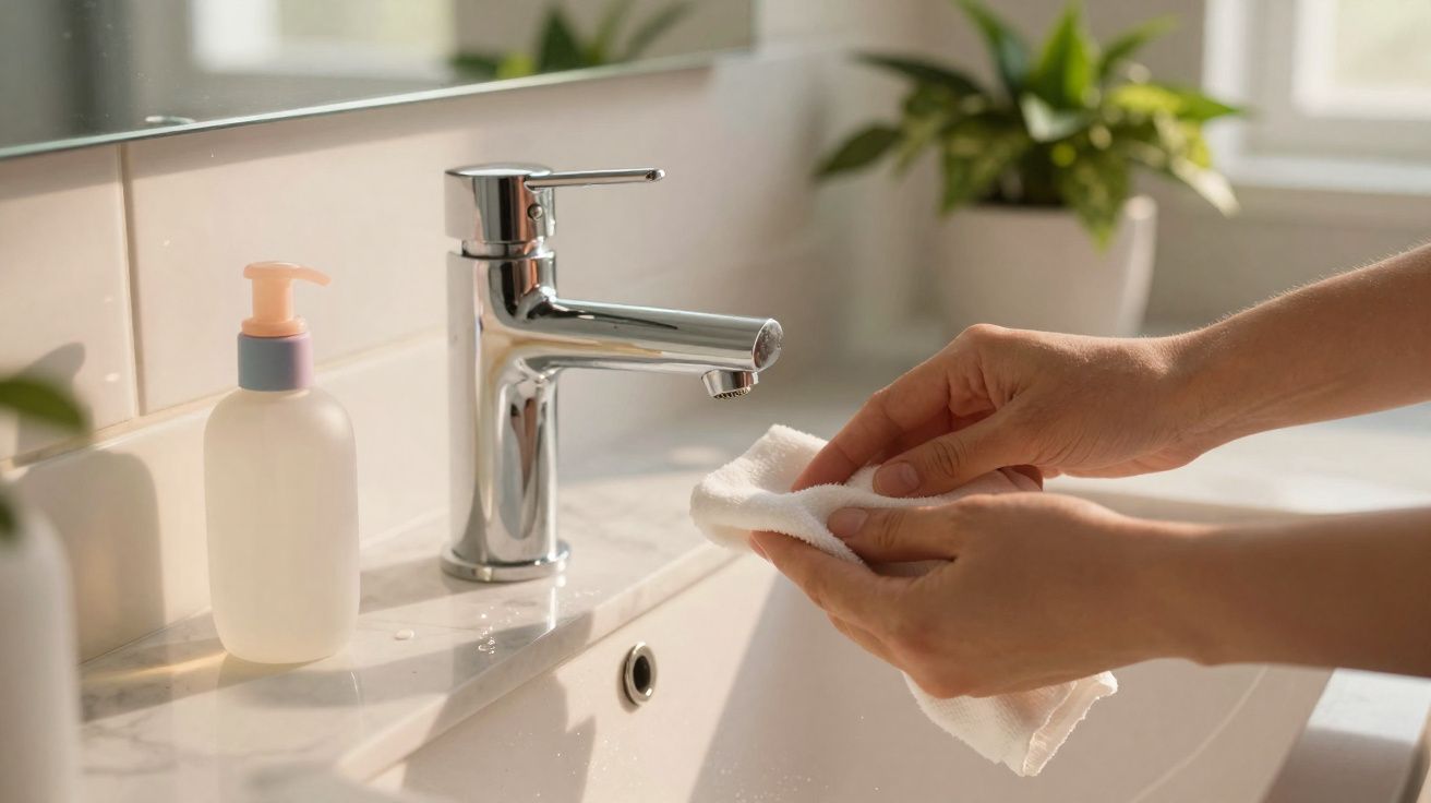 Mãos a secar-se com uma toalha branca junto a uma torneira cromada numa casa de banho iluminada.