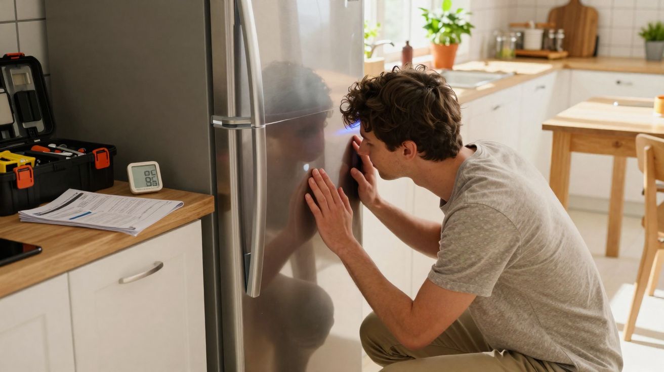 Homem ajoelhado inspeciona frigorífico inox numa cozinha clara e organizada.