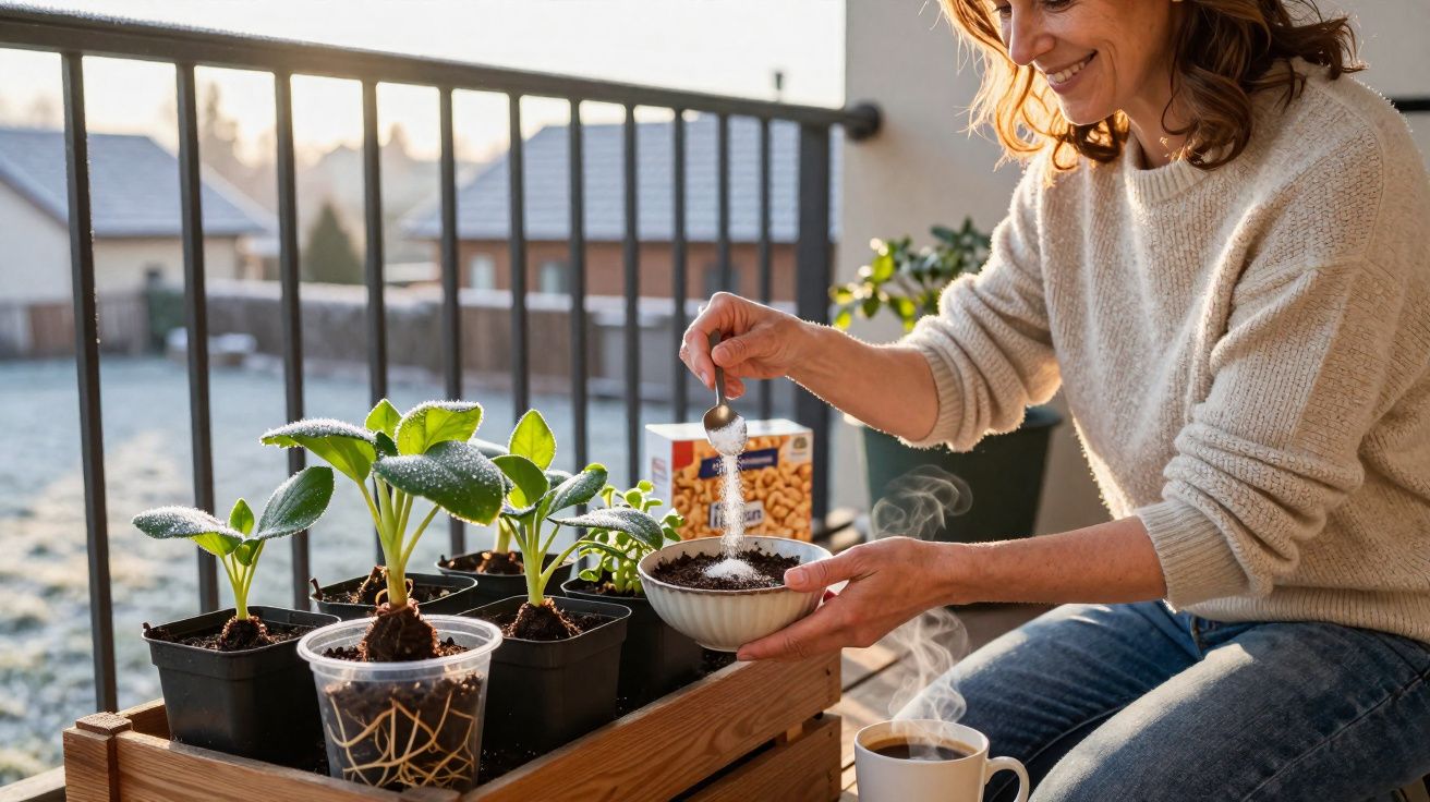 Mulher a cuidar de plantas com terra numa varanda, com chávena fumegante junto dela.