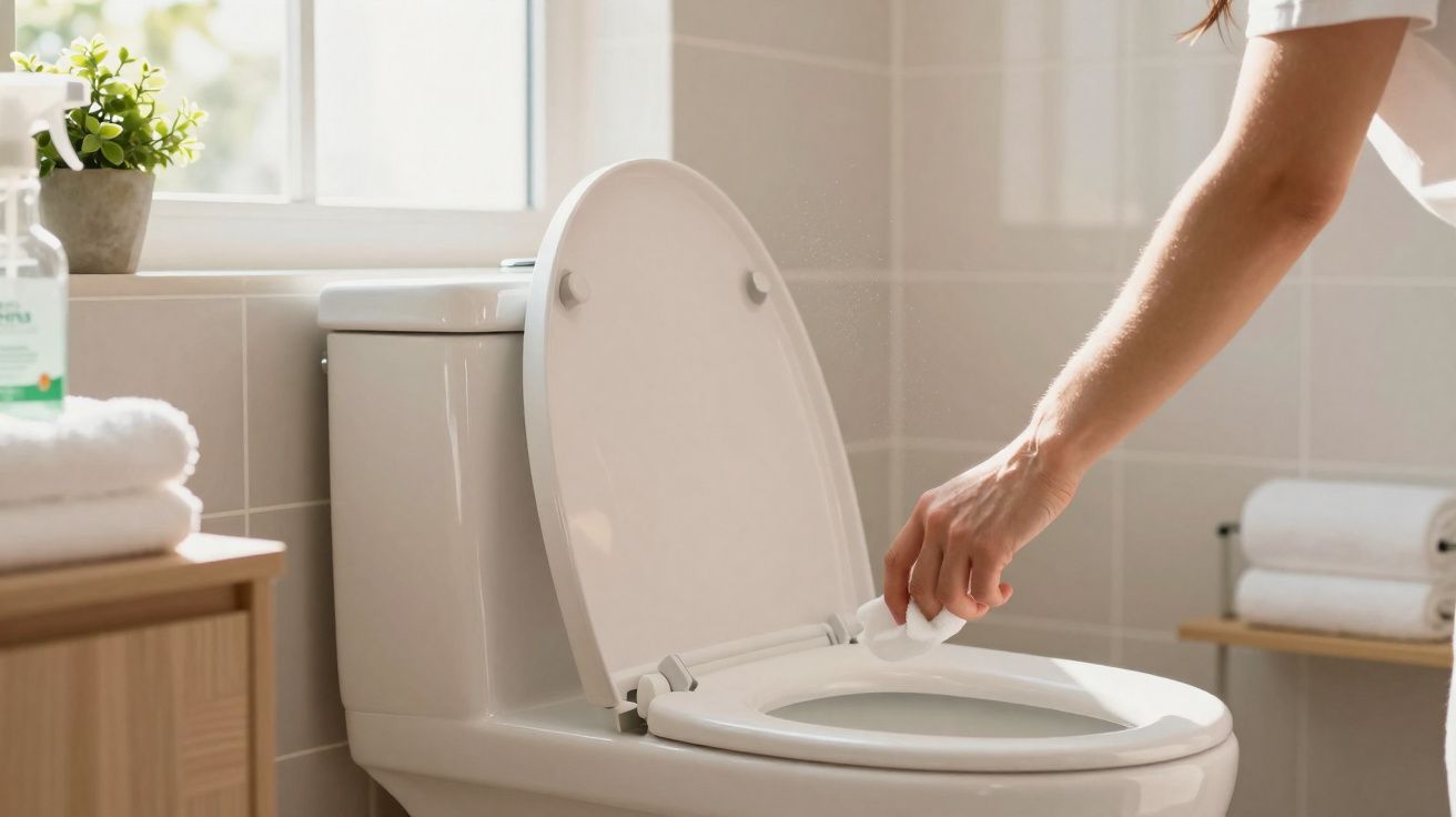 Pessoa a limpar a sanita branca numa casa de banho com toalhas e planta no interior.