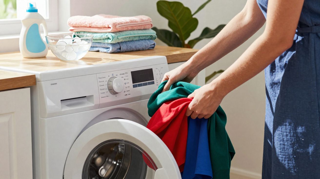 Pessoa a carregar roupa colorida numa máquina de lavar roupa branca numa casa luminosa.